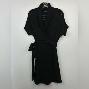 Moda International Crochet Knit Black Sweater Dress Tie Wrap Front Wool Sz S